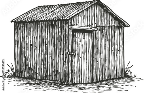 Old wooden shed with rustic vertical planks and a slanted roof, isolated vintage barn illustration