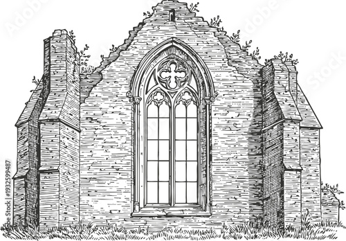 Old gothic window in ruined brick wall with climber plants and grass detailed vintage sketch