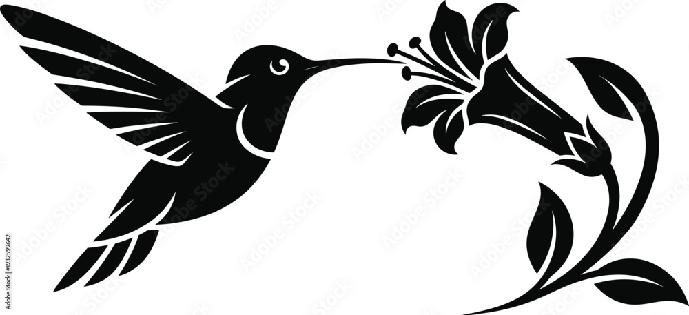 Obraz premium Black silhouette of a hummingbird feeding from a stylized flower