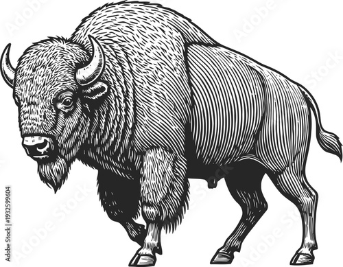detailed black and white bison illustration standing sideways with textured fur and strong muscular body