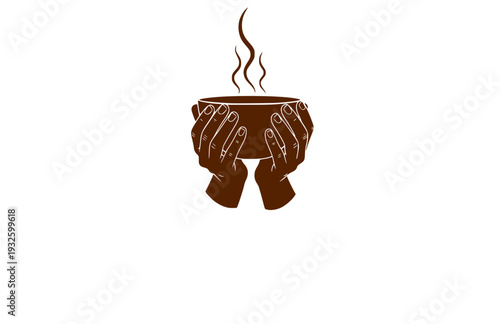Warm Hands Holding Steaming Bowl Silhouette, Cozy Hygge Lifestyle Vector Sticker, Sensory Wellness and Comfort Illustration