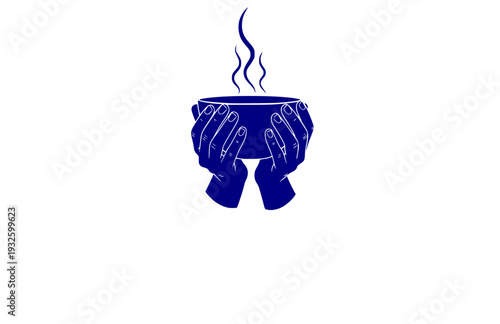 Warm Hands Holding Steaming Bowl Silhouette, Cozy Hygge Lifestyle Vector Sticker, Sensory Wellness and Comfort Illustration
