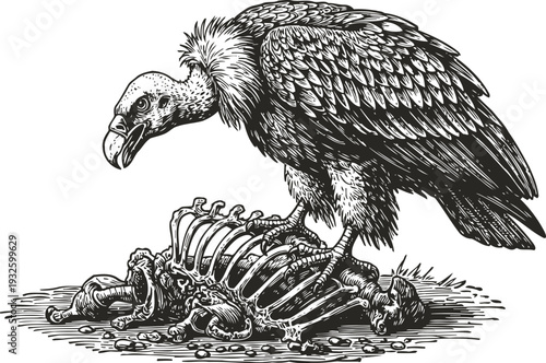 Black vulture standing on animal skeleton with detailed feathers and sharp beak sketch drawing