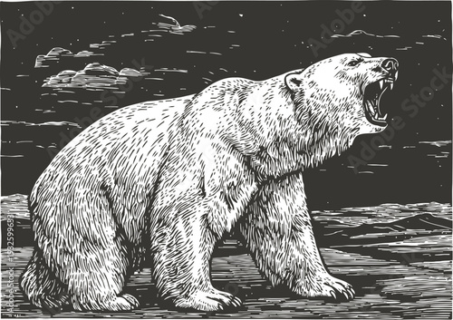 Roaring polar bear illustration in arctic environment, wildlife animal sketch in monochrome