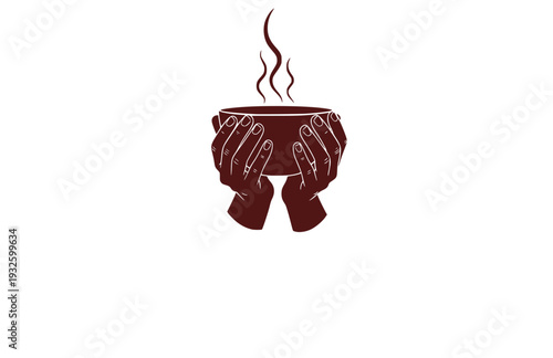 Warm Hands Holding Steaming Bowl Silhouette, Cozy Hygge Lifestyle Vector Sticker, Sensory Wellness and Comfort Illustration
