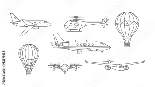 Air Transport Collection: An assortment of meticulously crafted aircraft illustrations, showcasing a helicopter, various airplanes, and hot air balloon.