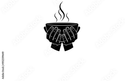 Warm Hands Holding Steaming Bowl Silhouette, Cozy Hygge Lifestyle Vector Sticker, Sensory Wellness and Comfort Illustration