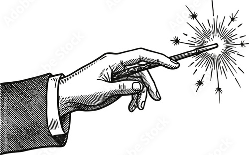 Vintage illustration of a hand holding a lit sparkler wand with sparks flying