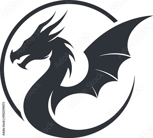 Silhouette of a fierce dragon with wings spread in a circle.