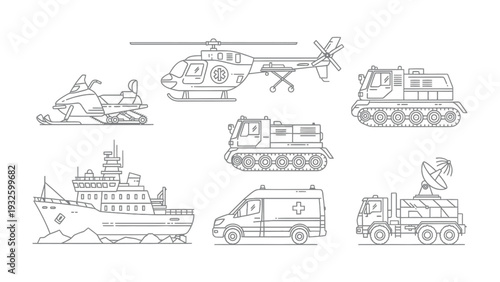 Transportation Icons: A collection of various transportation modes are presented in a flat line style, suitable for educational or design purposes.