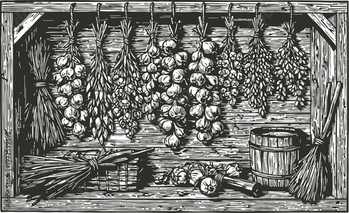 Herbs and vegetables hanging to dry in rustic wooden shed interior, agricultural storage and preservation