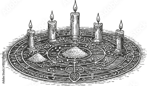 Magical ritual circle with burning candles and mystical symbols, esoteric occult ceremony illustration