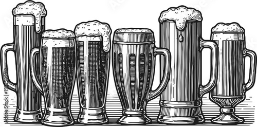 Set of beer glasses with foam vintage hand drawn mugs with lager and ale alcohol drink collection with frothy heads