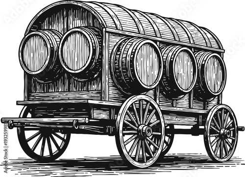 Vintage wooden wine barrel cart with wheels and curved roof in rustic