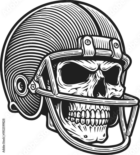 skull wearing a detailed american football helmet illustration with aggressive expression