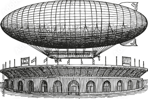 Vintage airship flying above large round stadium with arches and flags, historical illustration