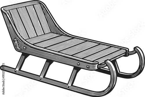 Classic wooden sled with curved runners and slatted seat for winter snow rides