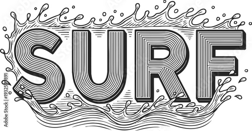 Surf typography with ocean wave design black and white hand drawn lettering with water splash and wave elements