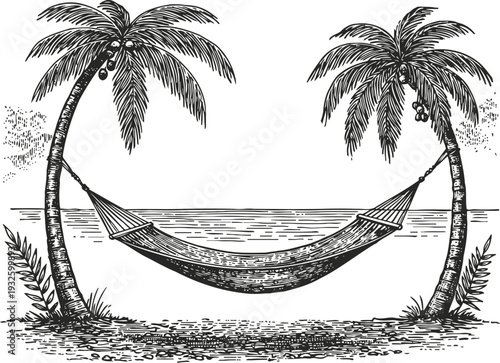 Hammock hanging between two palm trees on a beach shore with ocean background, relaxation concept