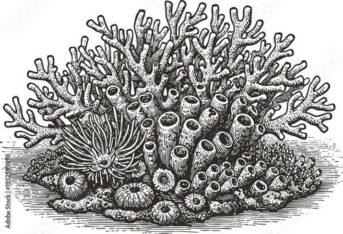 Detailed black and white vintage coral reef illustration with sea anemones and tube sponges