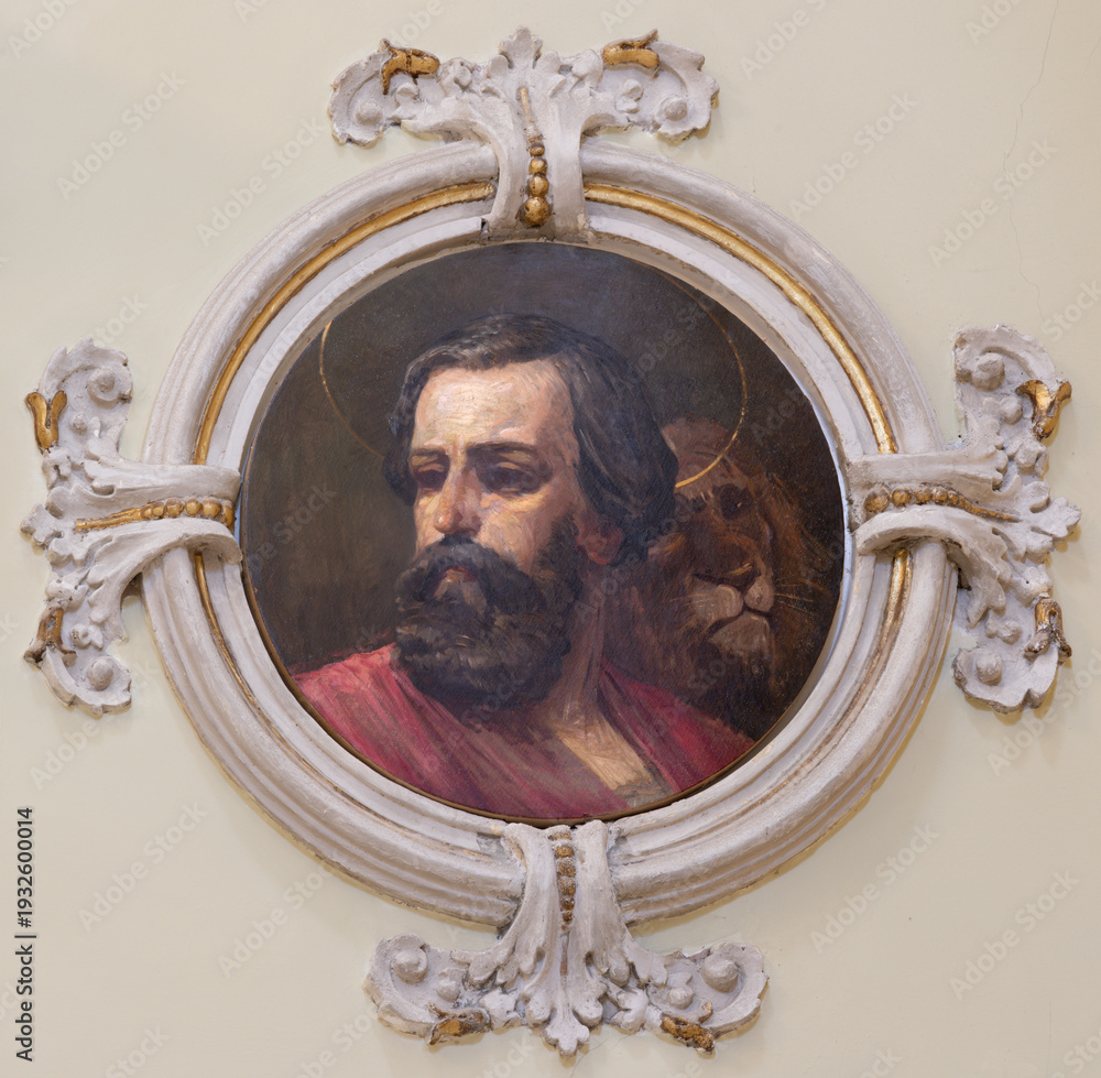 Obraz premium SALERNO, ITALY - OCTOBER 6, 2025: The fresco of St. Mark the Evanglist in the church Chiesa di San Giorgio by Pasquale Avallone (1884 - 1965)