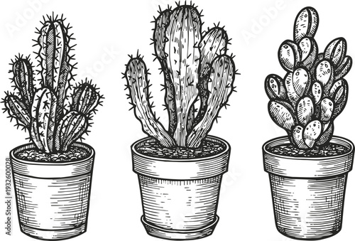 Hand drawn cacti in pots vintage botanical sketches of desert plants with spines and rounded shapes