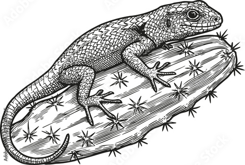 Lizard resting on a cactus branch detailed sketch of reptile with scales and cactus spines in black and white illustration