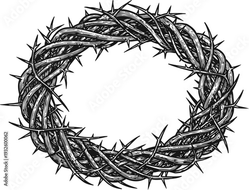 Crown of thorns illustration detailed circular wreath with sharp spikes religious symbol, sacrifice and suffering concept