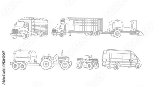 Fleet of Farm Vehicles: A diverse array of agricultural machinery and transport vehicles, meticulously depicted, representing the essence of farm operations and rural logistics.