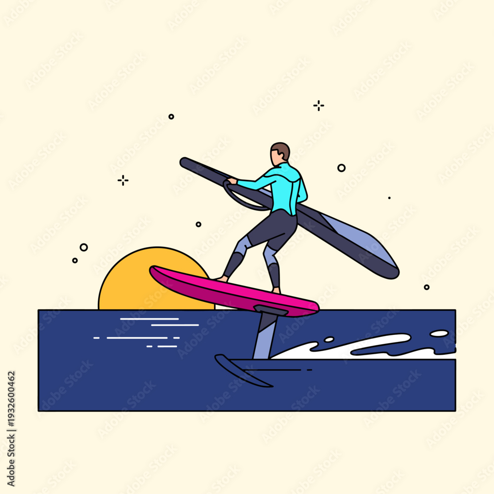 Fototapeta premium Minimalist E-Foil Rider at Sunset Flat Vector Illustration