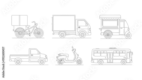 Transport Variety: A line-art illustration showcases a diverse array of transport vehicles, depicting the essence of modern mobility and urban transit, perfect for conveying movement and logistics.