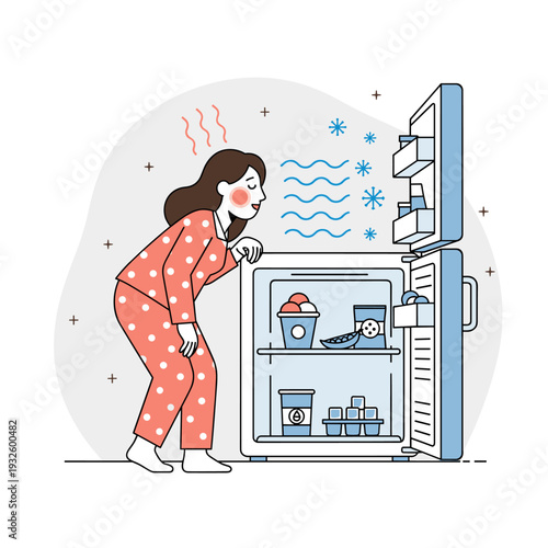 Woman Cooling a Menopause Hot Flash with Freezer Vector