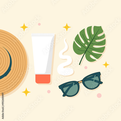 Flat Vector Illustration of Summer Sunscreen Essentials