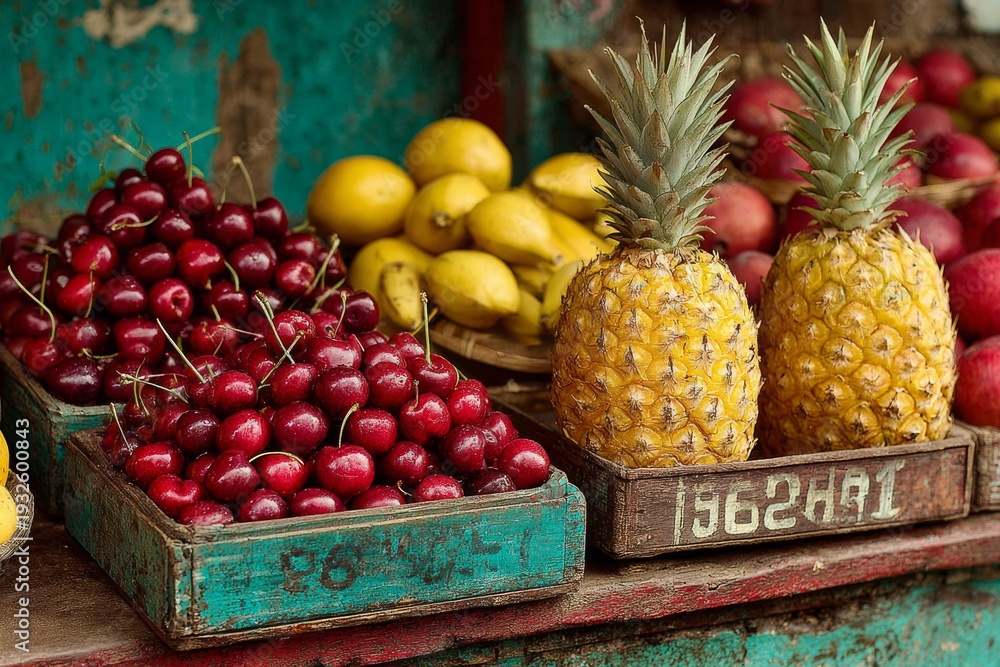 custom made wallpaper toronto digitalVibrant fruit market featuring bananas and pineapples. Generative AI
