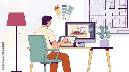 Interior designer working on a home layout with digital tools and plans