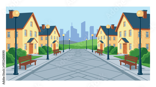 Vector illustration of a modern suburban street with houses and city