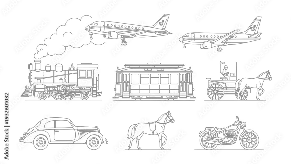Fototapeta premium Vehicles Timeline Illustration: A meticulously crafted illustration depicting a progression of transportation methods.
