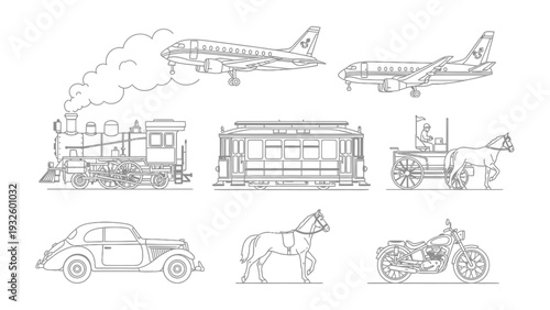 Vehicles Timeline Illustration: A meticulously crafted illustration depicting a progression of transportation methods.