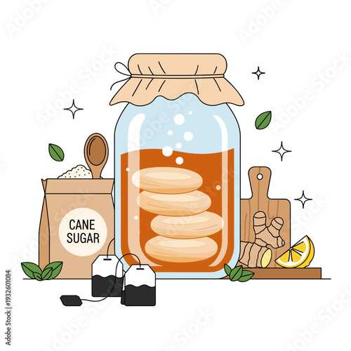 Flat Vector Illustration of a Kombucha Home Brewing Kit