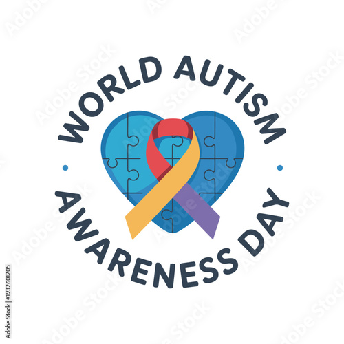 World Autism Awareness Day Illustration with Puzzle Heart and Ribbon Symbol