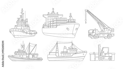 Maritime Machinery Collection: A comprehensive monochrome illustration showcases a variety of maritime machines, including a tugboat, cargo ship, crane truck, fishing boat, sailboat, and forklift