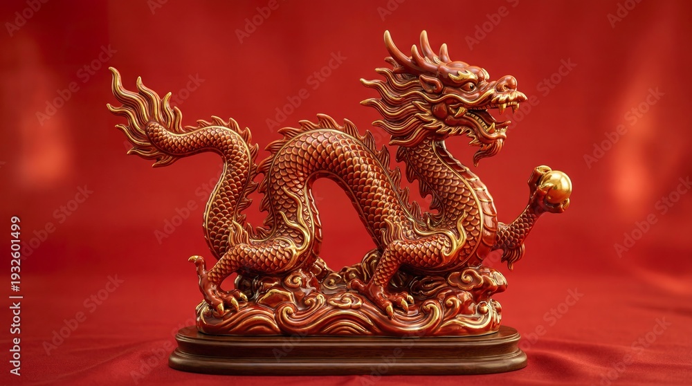 Fototapeta premium Ultra realistic ceramic dragon statue with gold detailing, smooth glazed surface, elegant reflections, red festive background