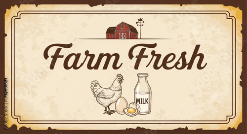 Farm Fresh Sign - Rustic Charm with Barn, Chicken, and Milk Bottle.