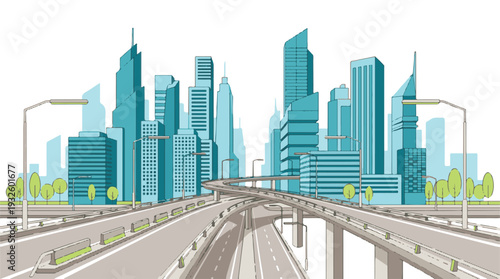 Modern urban cityscape illustration with highways and skyscrapers