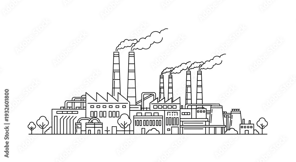 Fototapeta premium Industrial Factory Building with Smoking Chimneys Line Art Illustration.