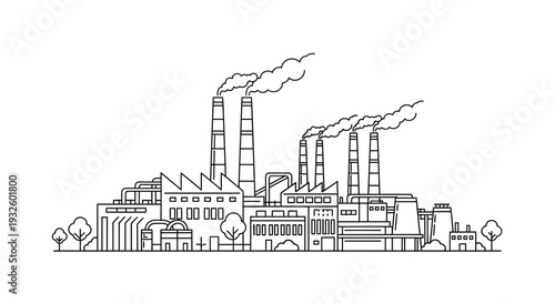 Industrial Factory Building with Smoking Chimneys Line Art Illustration.