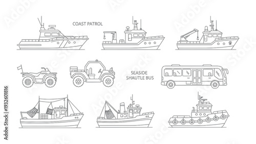 Coastal Fleet Collection: An artistic monochrome array of vessels, meticulously illustrated to represent the dynamic essence of coastal transport and nautical activities.