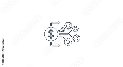 Dollar coin with gears and arrows symbolizing financial process.