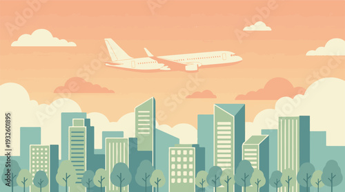 Flat design illustration of an airplane flying over a modern city skyline