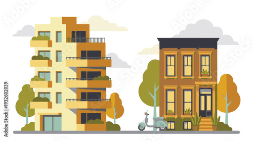 Flat design illustration of modern apartment and traditional townhouse buildings